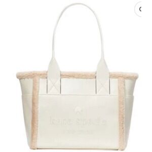 Kate Spade Jett Faux Shearling Fur Winter White Meringue Logo Large Tote